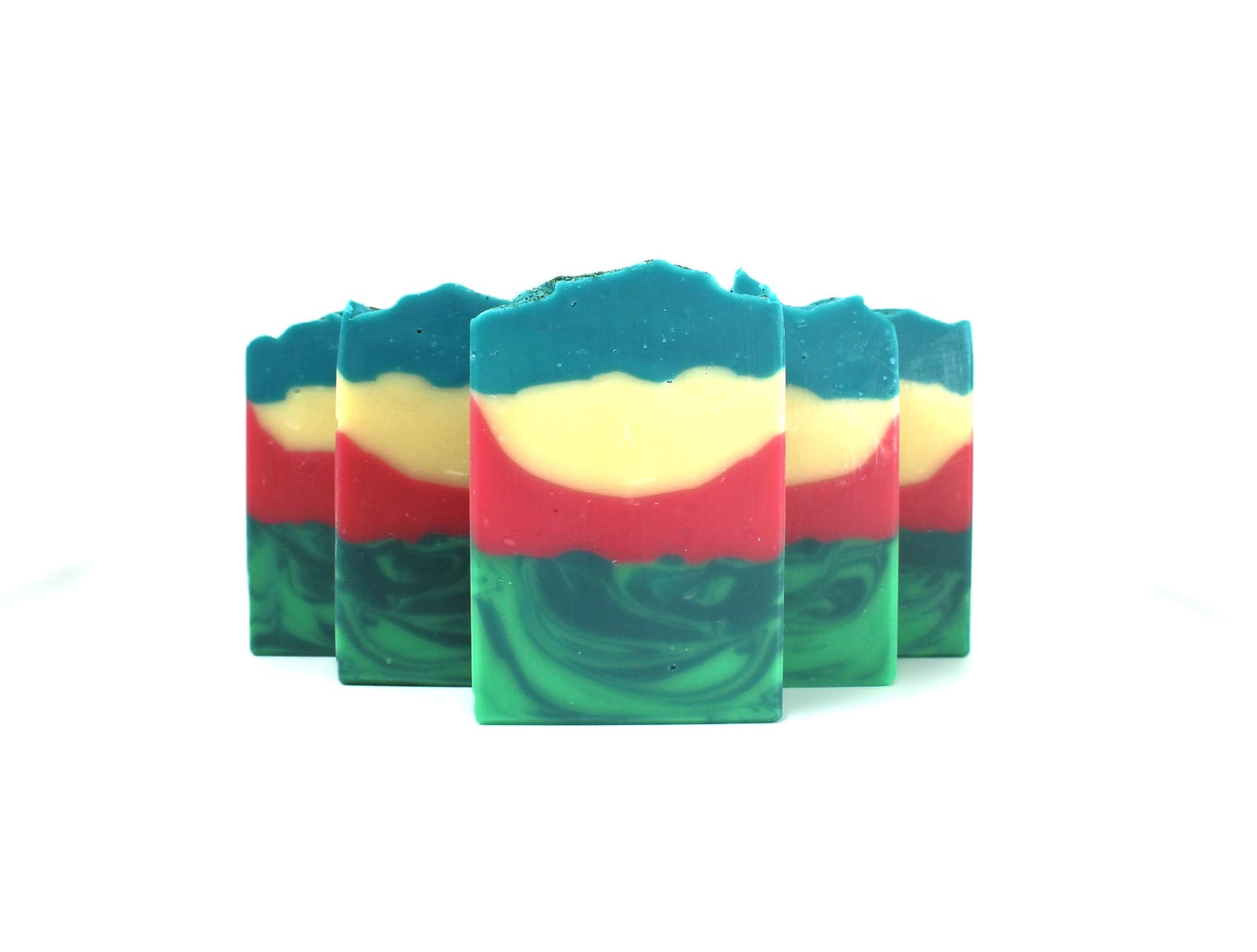 Handmade Bar Soaps layered with 2 shades of green, then red, white, and blue top.