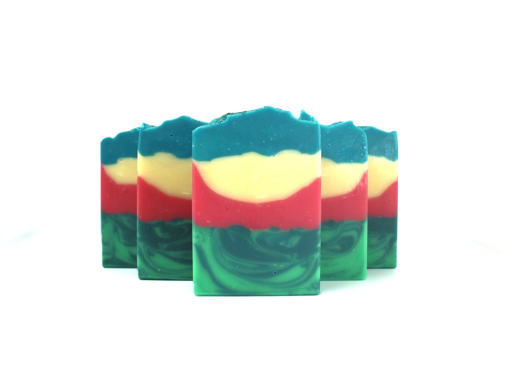 Handmade Bar Soaps layered with 2 shades of green, then red, white, and blue top.