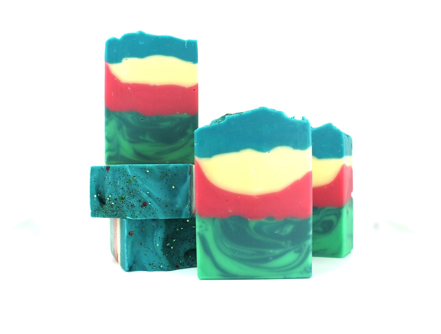 Handmade Bar Soaps layered with 2 shades of green, then red, white, and blue top.