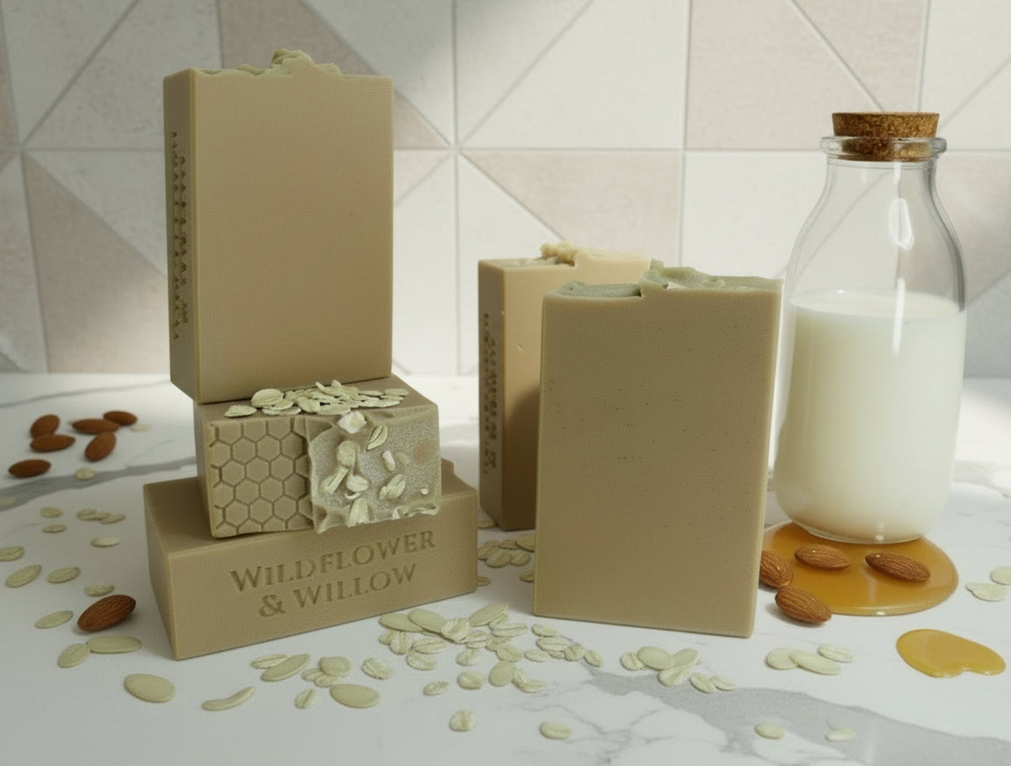 A few bars of woap with Wildflower & Willow branding with oats, milk, and honey