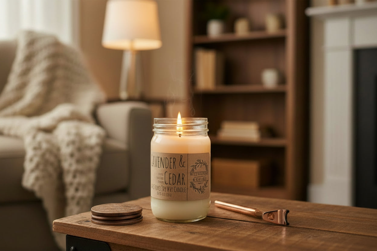 White wax candle in a mason jar with a rustic brown metal lid. Kraft brown label with black text. White background.