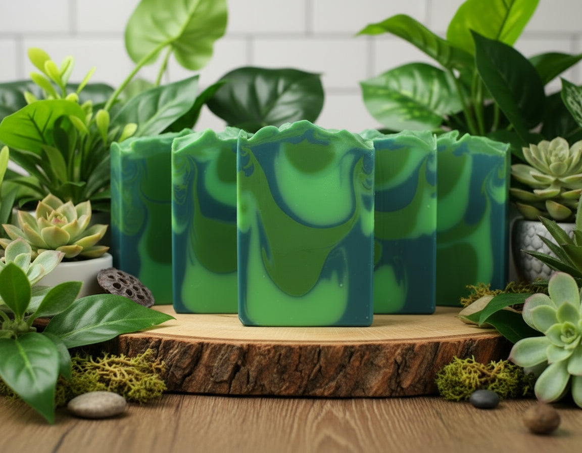 Green and blue swirled soap bars on a wooden board with plants in the background