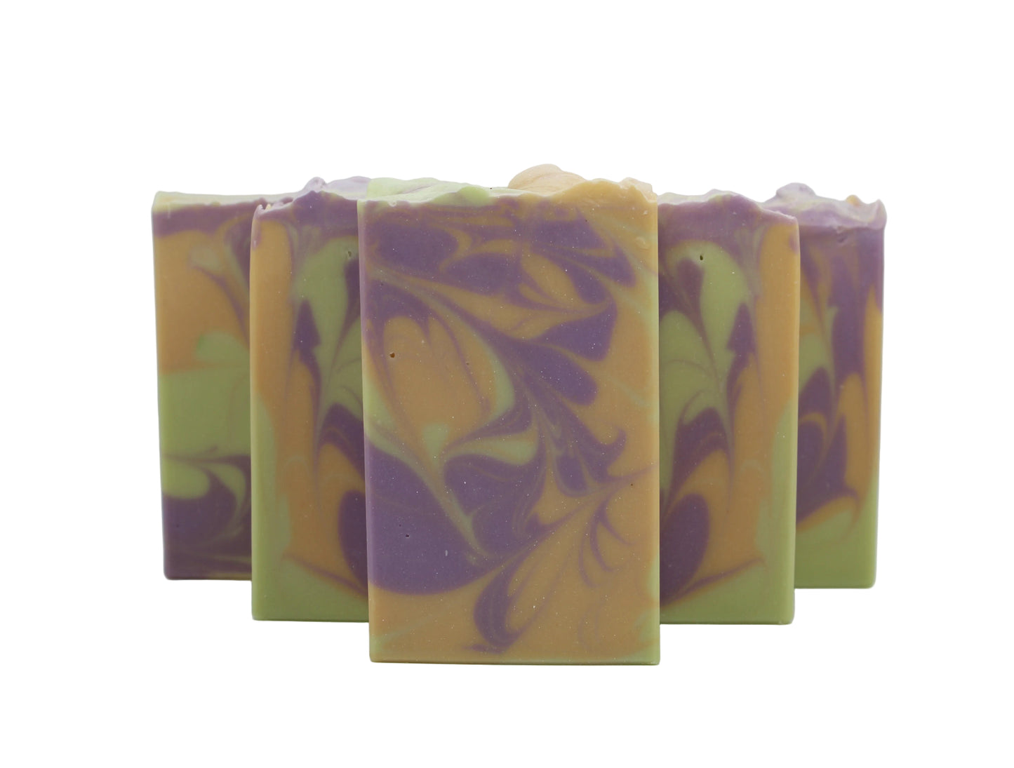 Five bars of colorful soap with a purple and green swirl pattern on a white background.