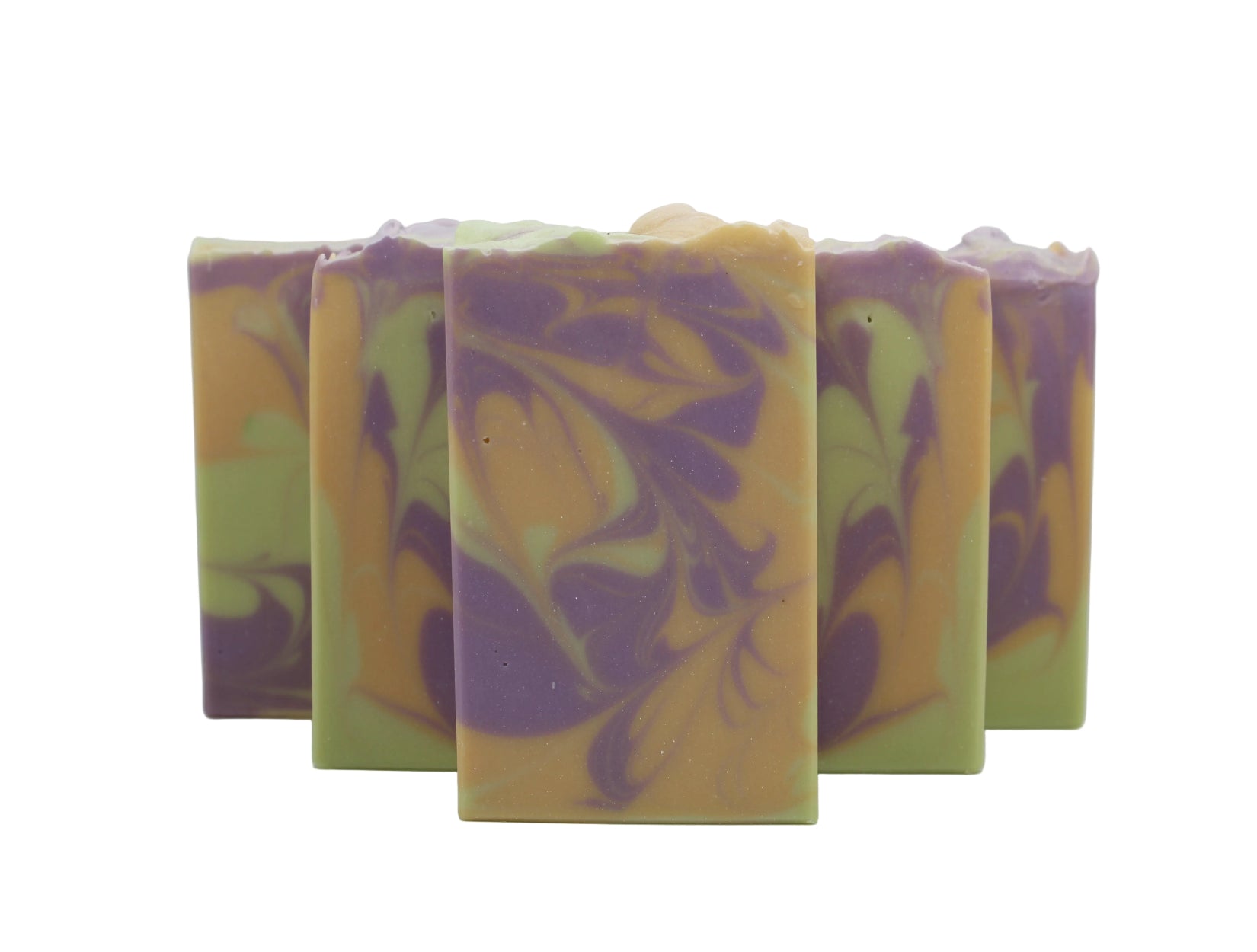 Five bars of colorful soap with a purple and green swirl pattern on a white background.