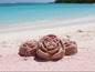 Three rose-shaped mauve soap bars on a pink sand beach
