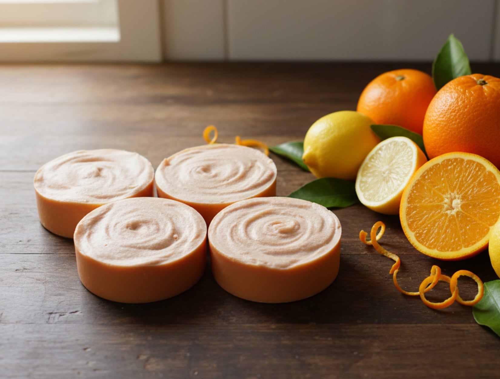 orange round bars of soap on a wooden surface with citrus fruit