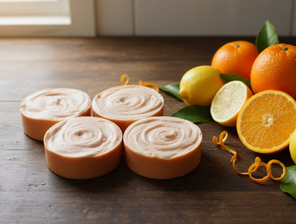 orange round bars of soap on a wooden surface with citrus fruit