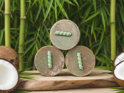 3 bars of brown soap surrounded by coconuts and bamboo stalks