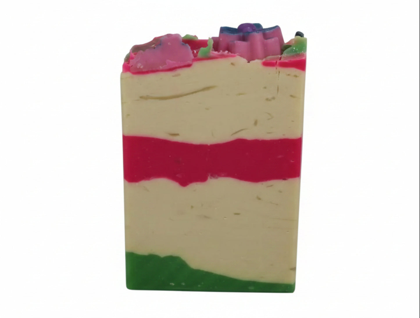 Colorful layered soap bar on a white background