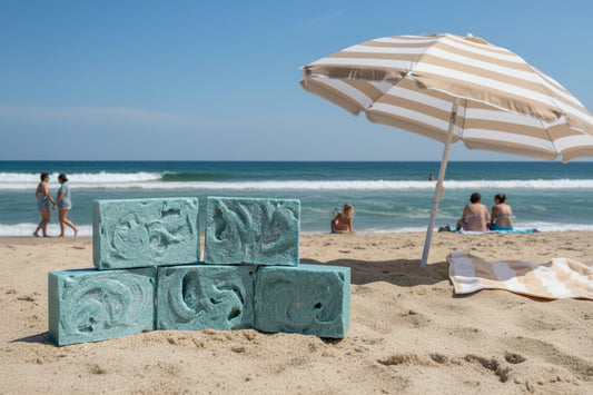Five blue bars of salt soap with swirls on top on a beachy background