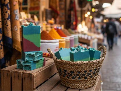 Handmade layered soap bars with a wavy, rustic top edge, featuring horizontal bands of teal blue, lime green, and deep red.