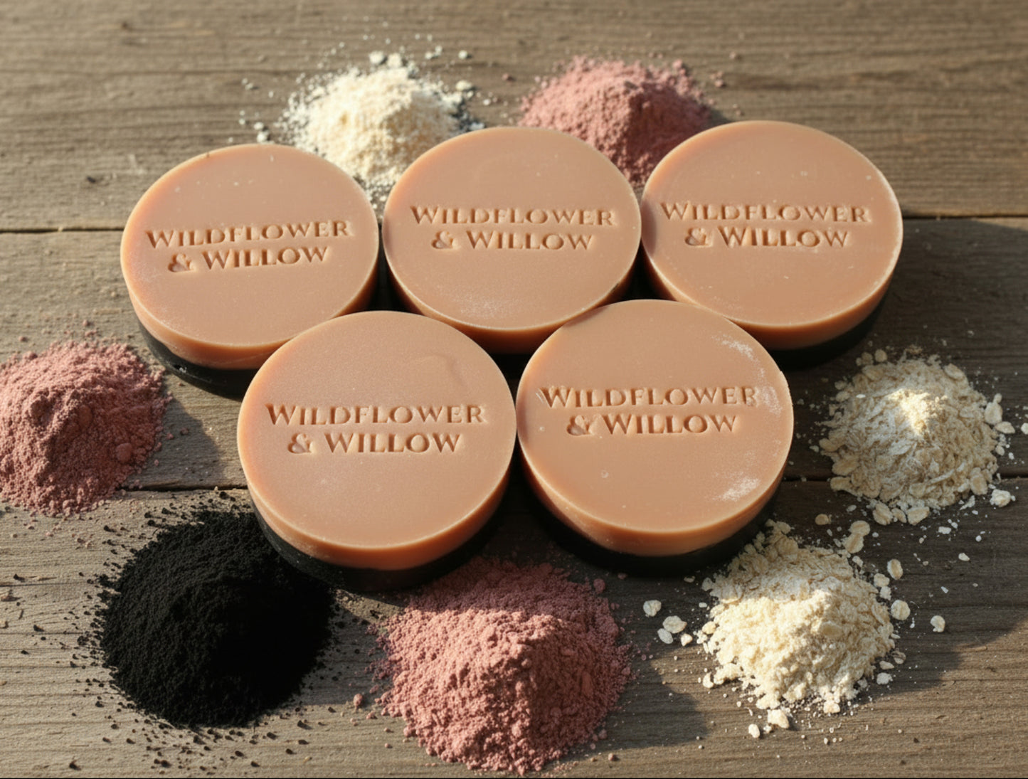 Five round pink soap bars with black bases, embossed with the brand name 'Wildflower & Willow', arranged on a wooden background with piles of different powders and clays around them.