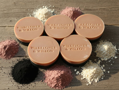 Five round pink soap bars with black bases, embossed with the brand name 'Wildflower & Willow', arranged on a wooden background with piles of different powders and clays around them.