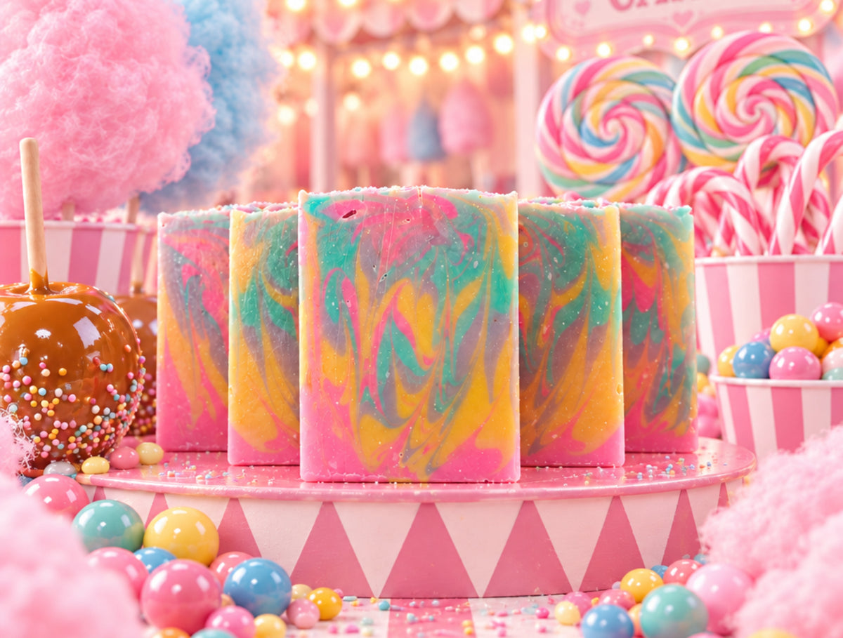 rectangular bars of candy colored soap in a circus background. 