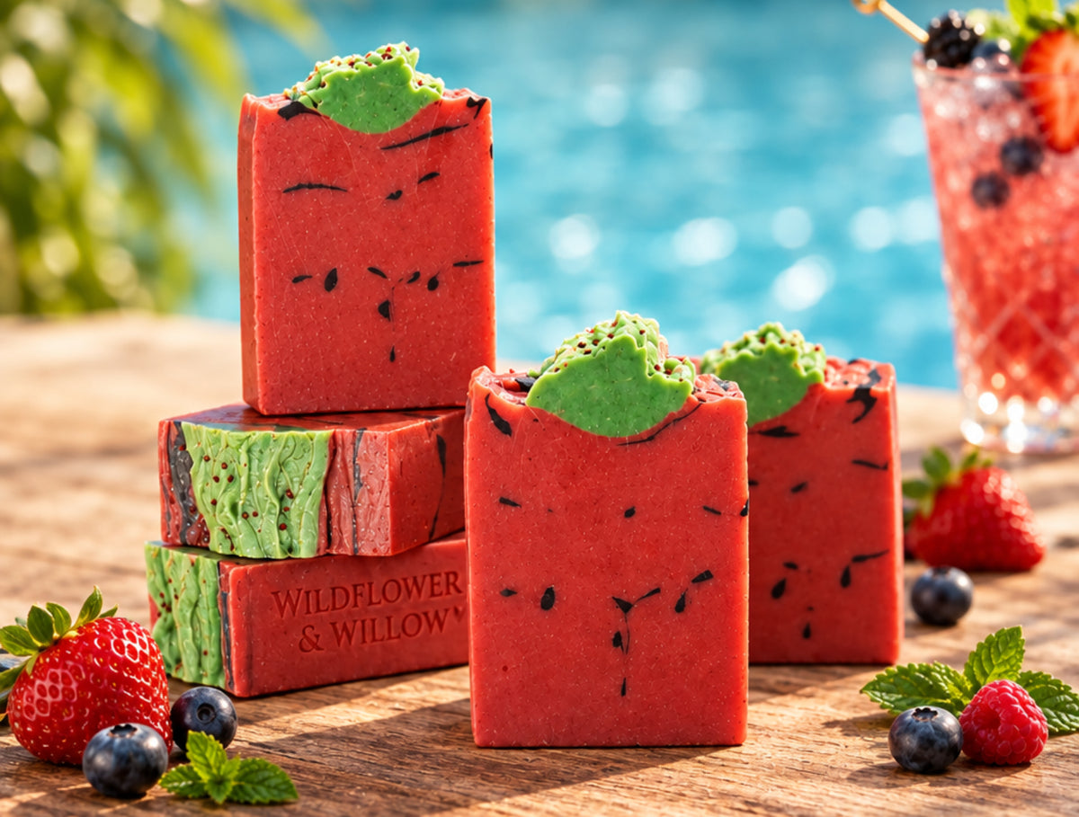 Five bars of ed and green soap made to look like a strawberry onn a wooden surface next to a cocktail and berries by a pool.