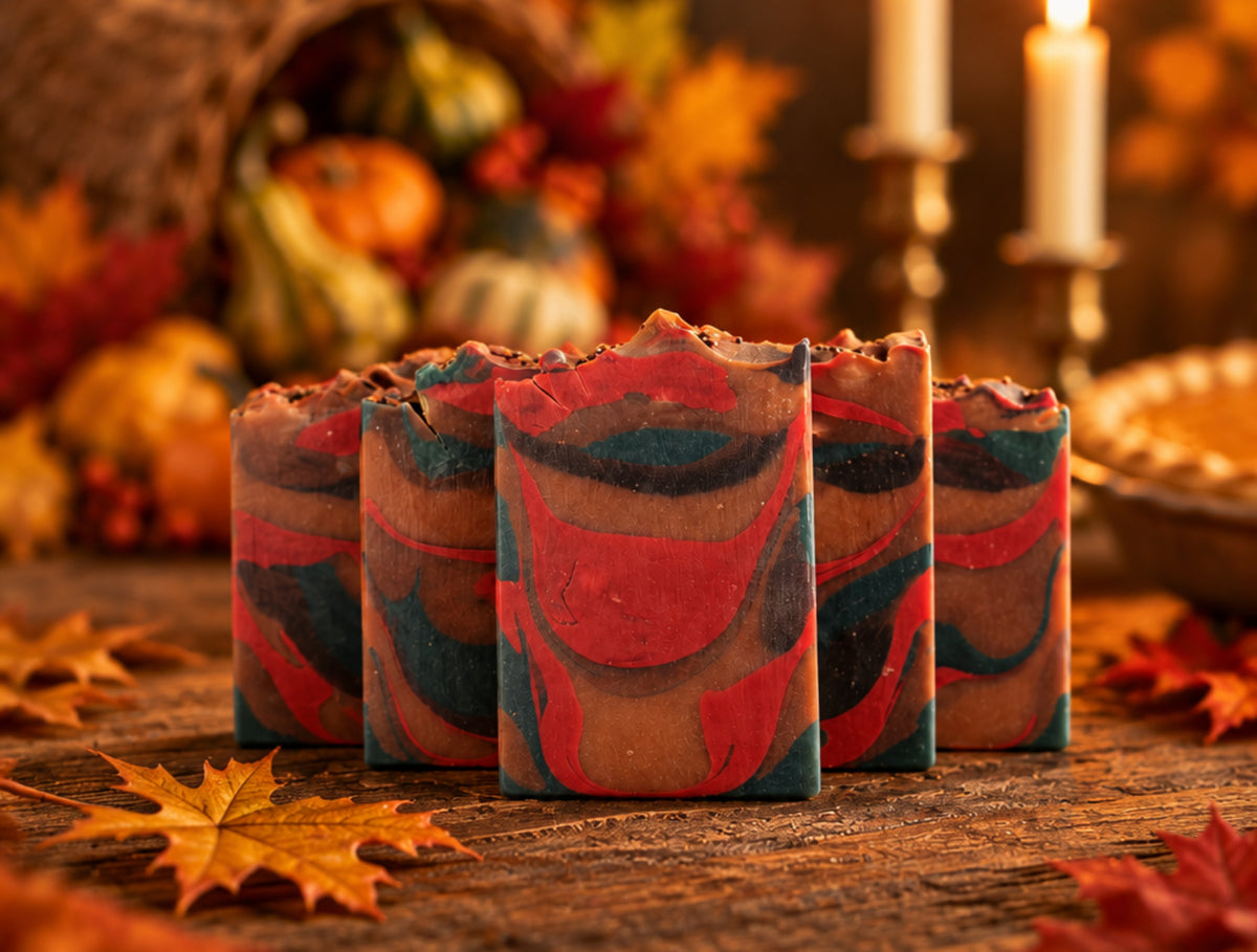 Five rectangular bars of handmade soap with a swirl pattern of red, green, dark brown, and black, arranged on a surface against an autumn holiday background.