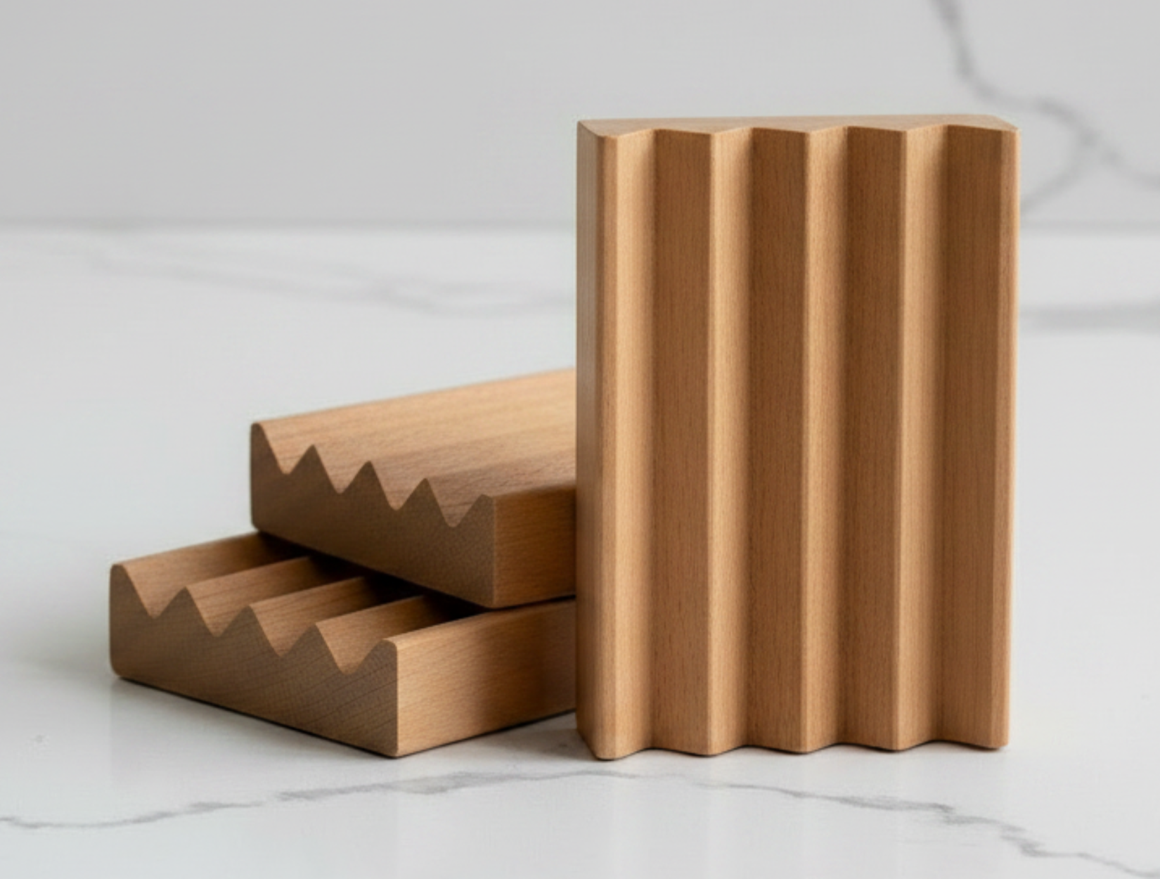 Wooden soap dishes on a quartz surface